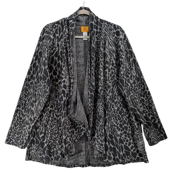 Ruby Rd Open‎ Front Cardigan L Black White Waterfall Draped Animal Print Flowy - Picture 1 of 9